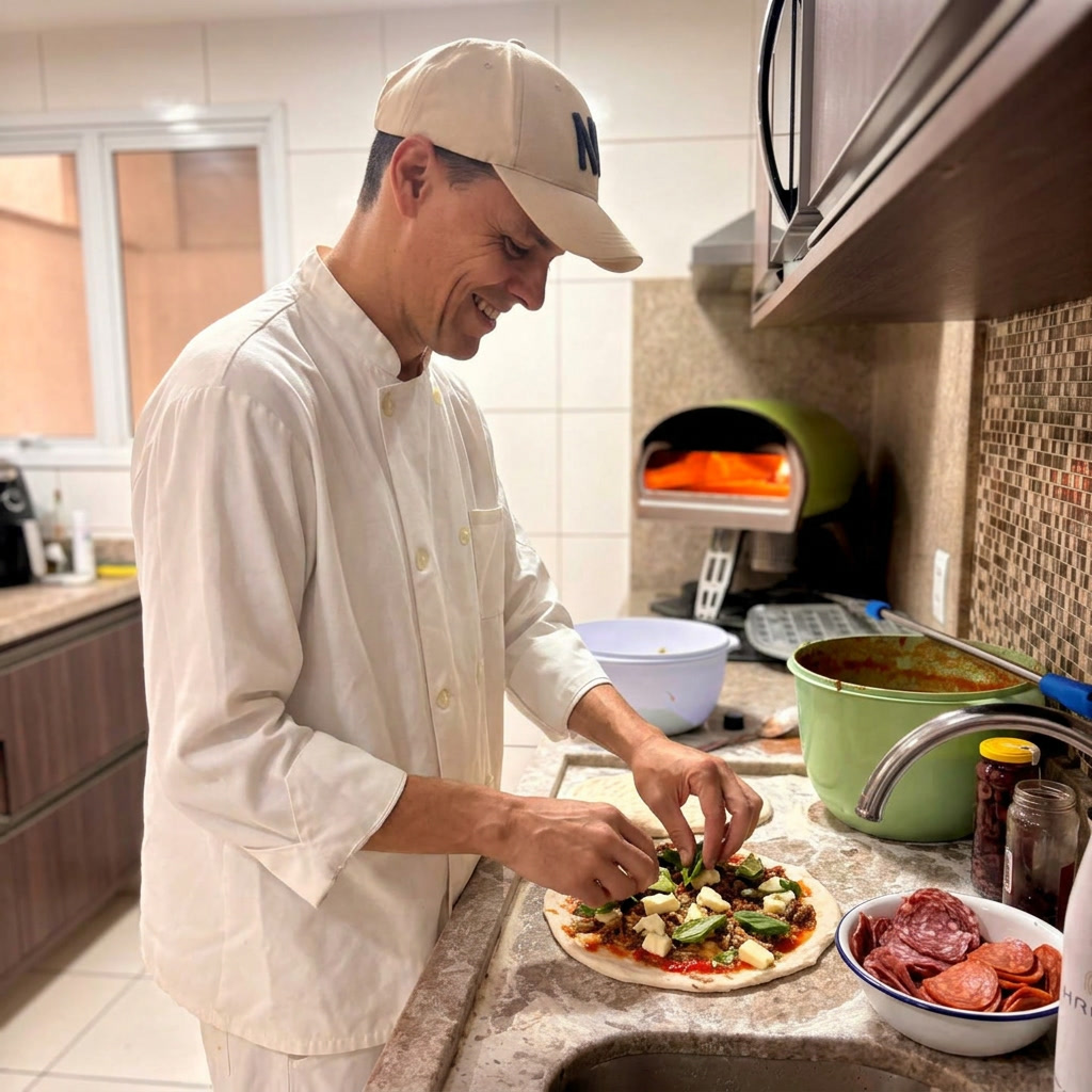 Chef Marco preparando pizza artesanal